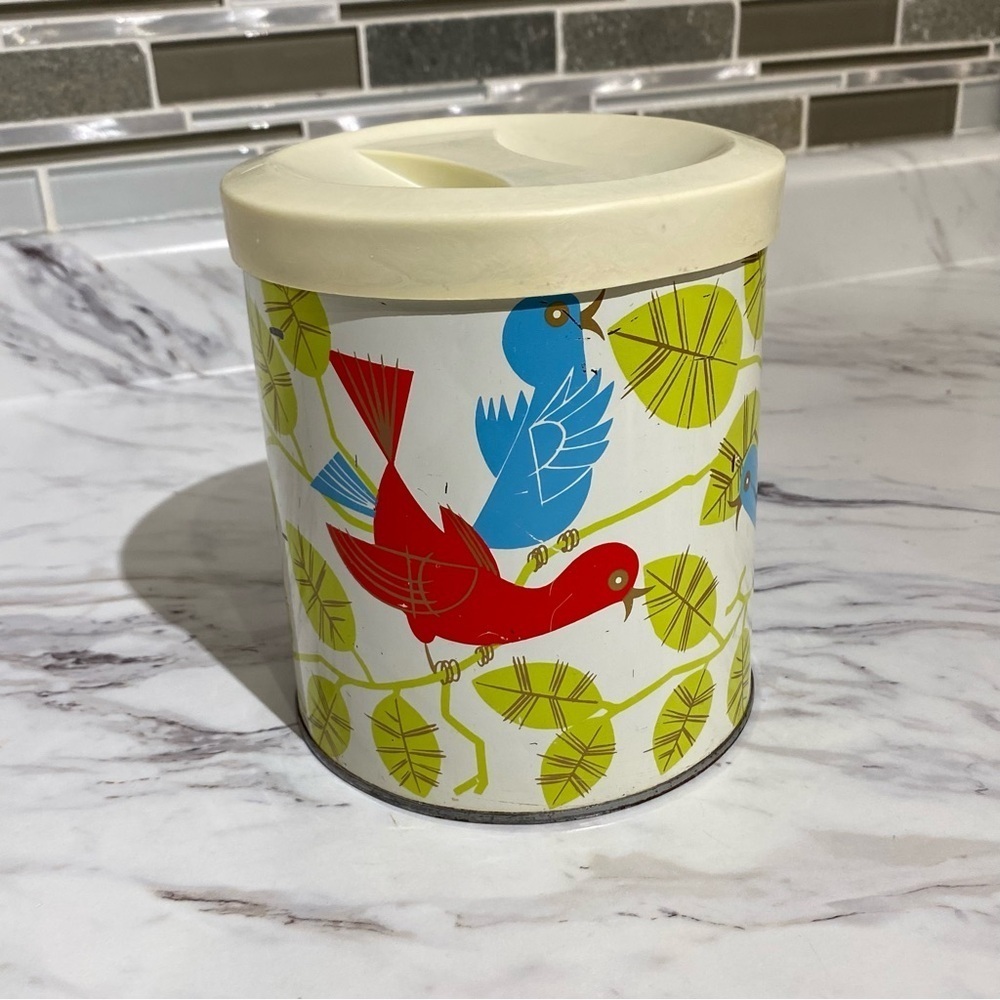 Vintage Procter & Gamble tin canister bird design kitschy retro MCM
